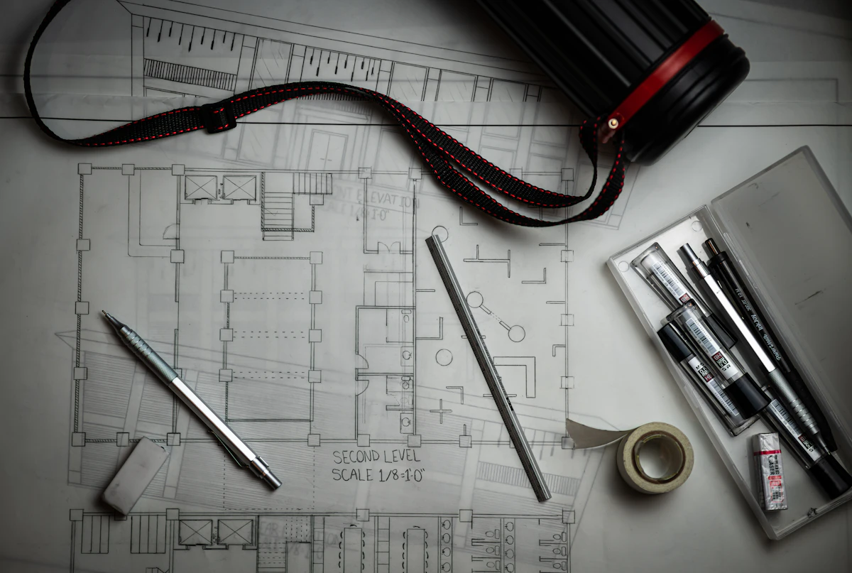 Architectural blueprints with drafting pencils and ruler for renovation planning