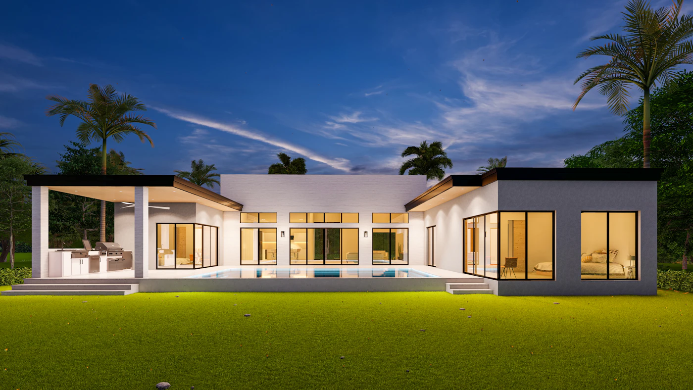 Modern house exterior with pool under blue sky