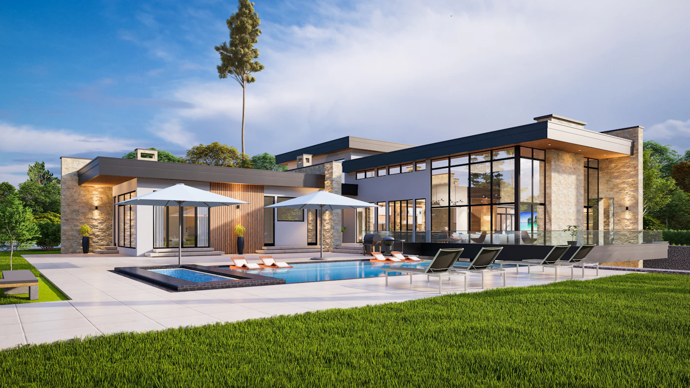 Modern house with pool and lounge seating