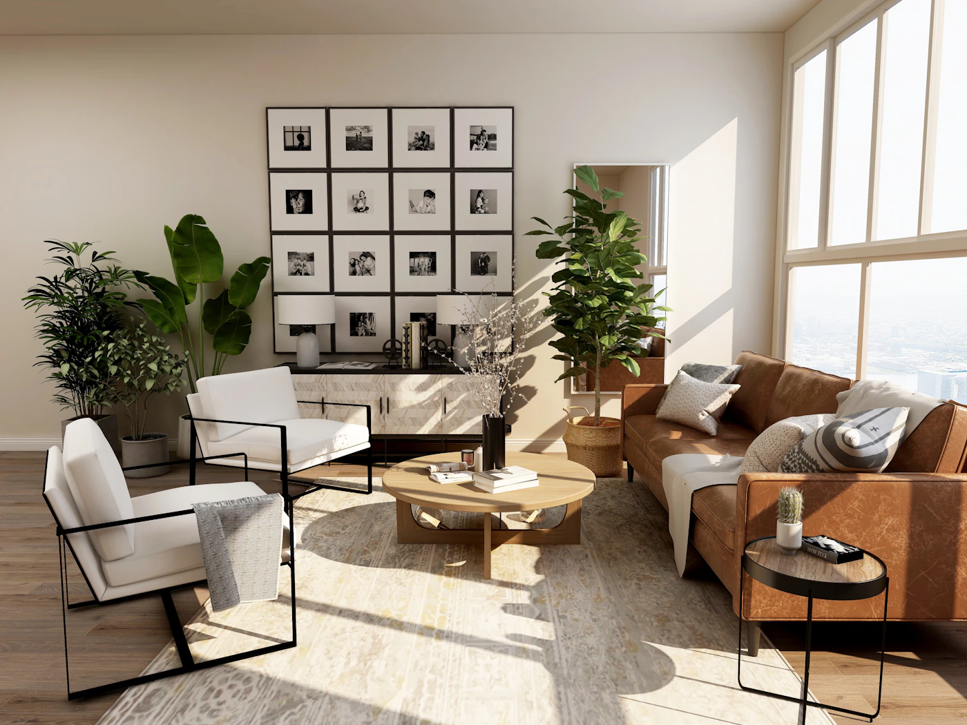 Bright modern living room interior with a gallery wall